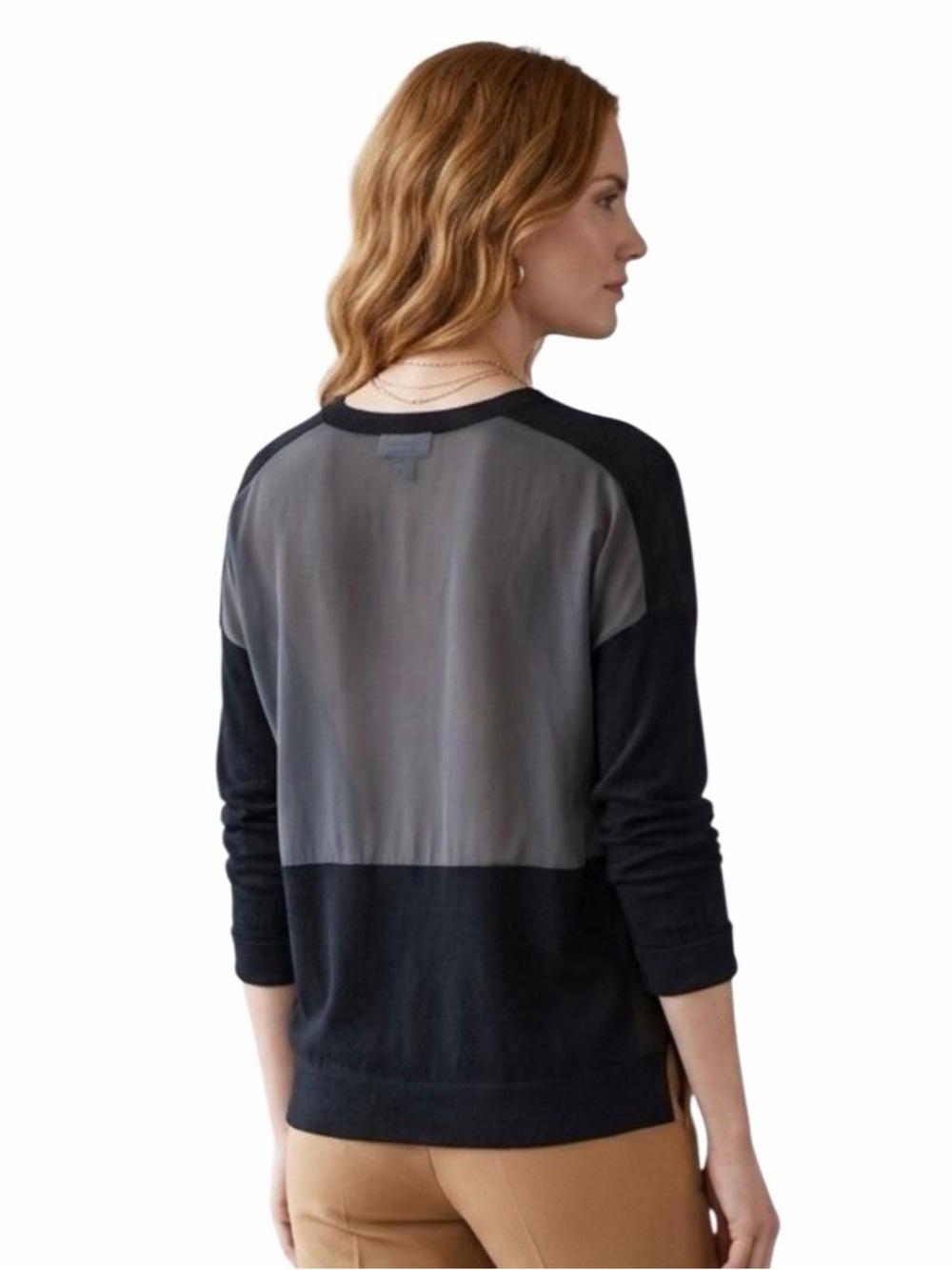 St. John Collection Black Wool Cashmere V-Neck Sheer Back Mixed Media Sweater M